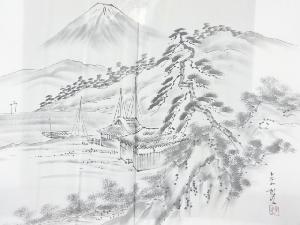 アンティーク　富士に松・家屋風景模様肩裏　紋付羽二重男物羽織